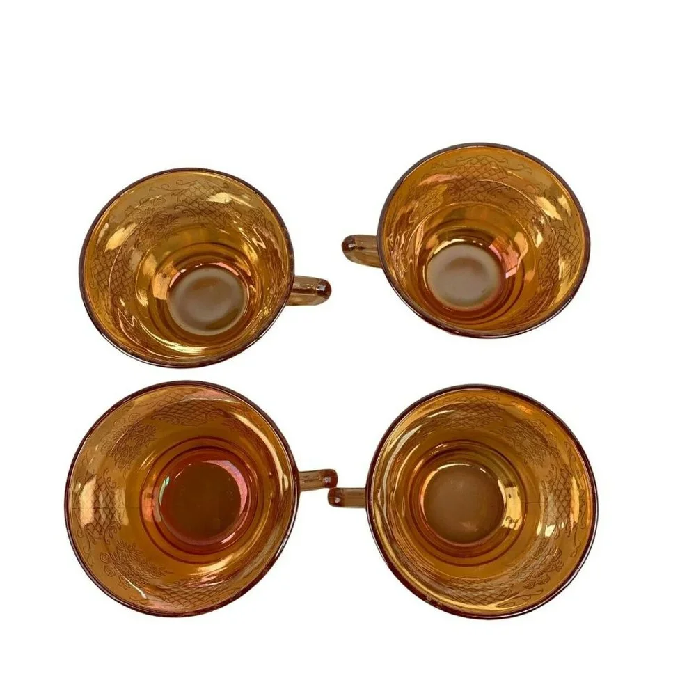Vintage Iridescent Orange Pressed Glass Teacups Set of 4 Floral 7 oz Cottagecore